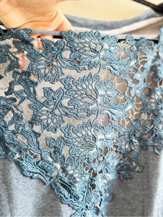 ANTHROPOLOGIE Lace Applique Blue Crewneck Sweater Meadow Rue Lightweight - Picture 6 of 7